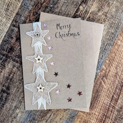 Handmade Rustic Christmas Card with Three Natural Burlap Stars.