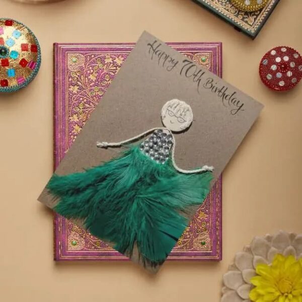 Handmade Personalised 70th Birthday Card for Her 1 Personalised 70th Birthday Card for her | Handmade Female 70th Birthday Card made of green feathers on brown paper image 1