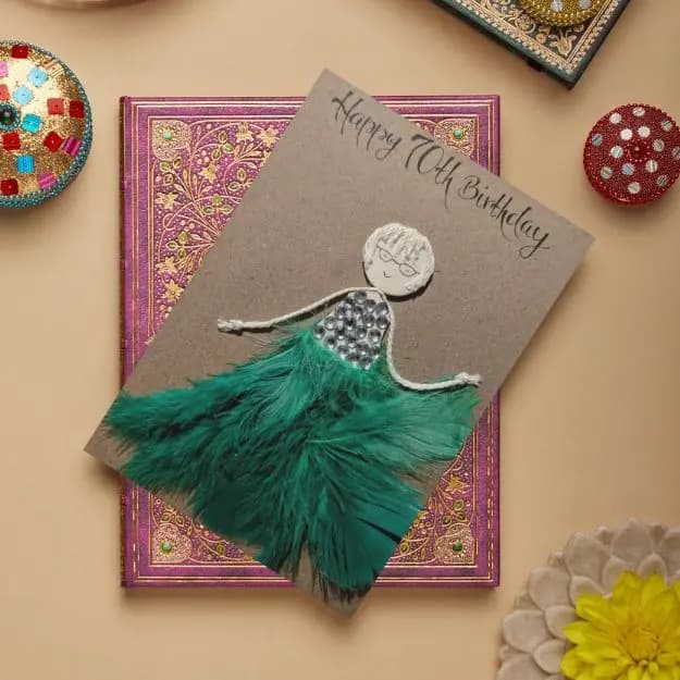 Handmade Personalised 70th Birthday Card for Her 1 Personalised 70th Birthday Card for her | Handmade Female 70th Birthday Card made of green feathers on brown paper image 1