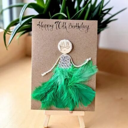 Personalised 70th Birthday Card for her | Handmade Female 70th Birthday Card made of green feathers on brown paper image 2