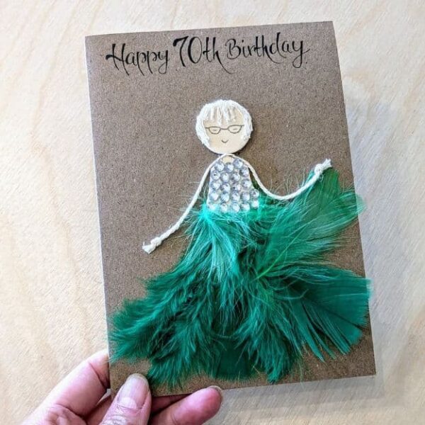 Handmade Personalised 70th Birthday Card for Her 4 Personalised 70th Birthday Card for her | Handmade Female 70th Birthday Card made of green feathers on brown paper image 4