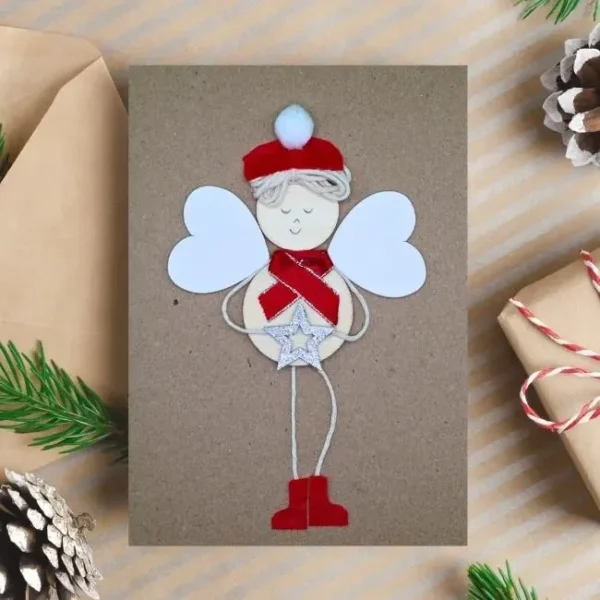 Adorable Family Festive Greeting Card - Guardian Angel image 1 Adorable Family Festive Greeting Card with Angel boy made of wood on brown paper, from the UK.