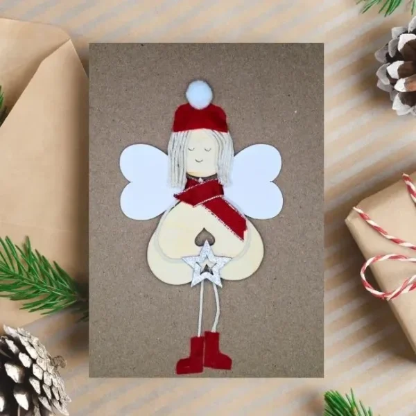 Adorable Family Festive Greeting Card - Guardian Angel image 2 Adorable Family Festive Greeting Card with Angel girl, made of wood on brown paper, from the UK.