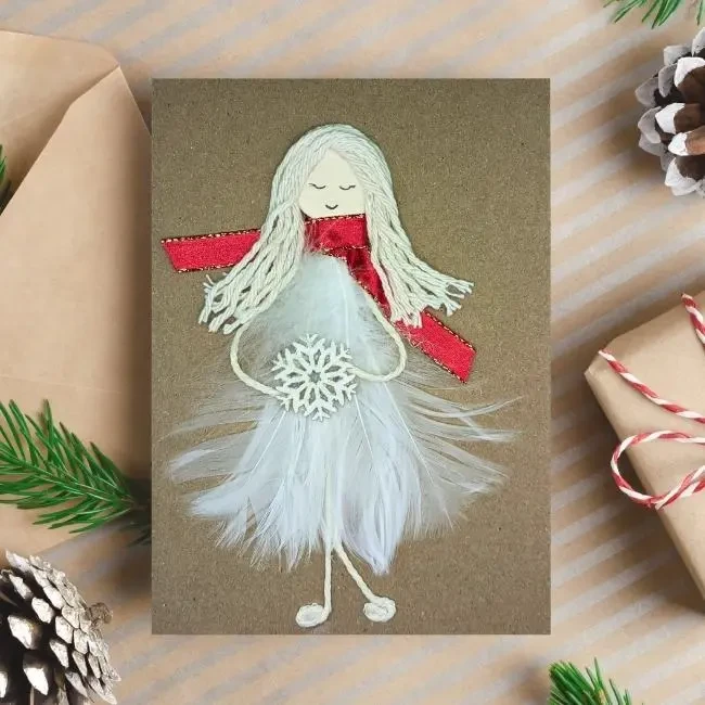 Adorable Handmade Christmas Card For Her Adorable Handmade Christmas Card For Her, for wife, grandpa, daughter or granddaughter with Angel made of white feathers.