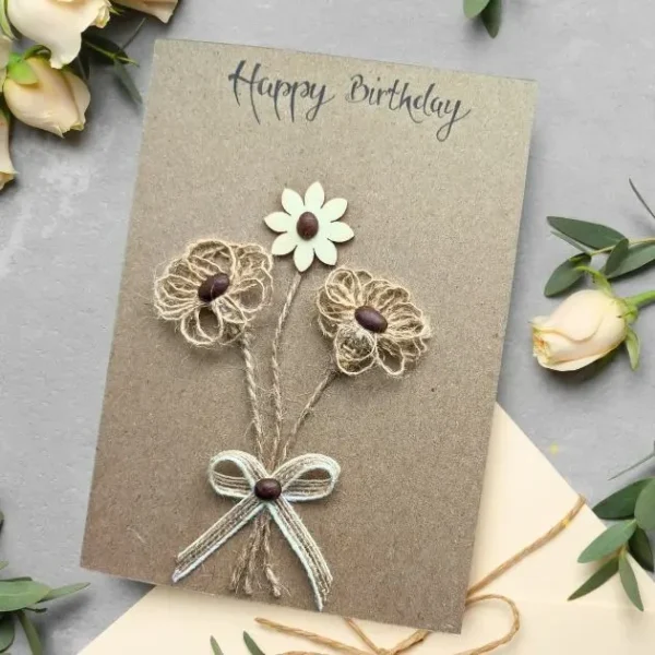 Beautiful Birthday Card For Wife - Greeting Card For Her Beautiful Birthday Card For Wife. Handmade Greeting Card For Her showing three flowers made of wood, cotton string and coffee beans.