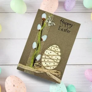 Beautiful Egg Easter Card - Handmade Holiday Wishes This is a unique handmade Beautiful Egg Easter Card card featuring a painted wooden egg, along with catkins and a butterfly.