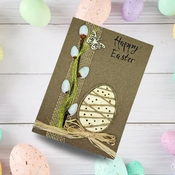 Beautiful Egg Easter Card - Handmade Holiday Wishes This is a unique handmade Beautiful Egg Easter Card card featuring a painted wooden egg, along with catkins and a butterfly.
