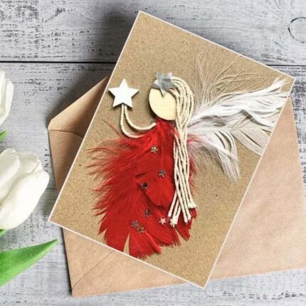Beautiful Fancy Handmade Female Birthday Card Idea made of vibrant red and white feathers, with white wings and star.