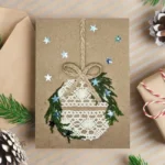 Beautiful Handmade Christmas Card with a lace ball and stars made of eco-friendly materials.