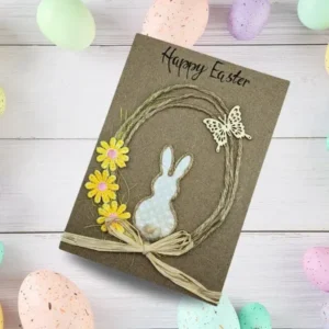 Handmade Easter Bunny card with cute bunny, colourful eggs, and spring blossoms.