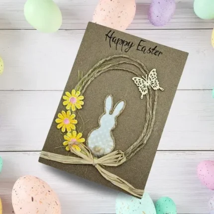 Handmade Easter Bunny card with cute bunny, colourful eggs, and spring blossoms.