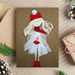 Beautiful Homemade Christmas Card with showgirl made of white feathers.