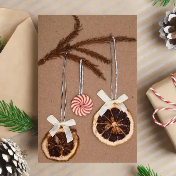 Personalized Christmas card featuring two dried oranges and green twigs.