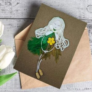 Unique Handmade Green Feather Card showcasing a girl in a green dress, holding a flower, with unique handmade green feather accents.