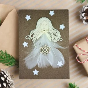 Handmade and Beautiful Angel Christmas Card for Your Loved One image 1 Handmade beautiful Angel Christmas card with white Angel made of feathers and snowflake.