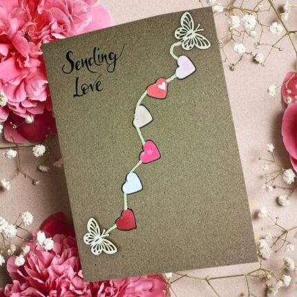 Handmade and Beautiful Valentine's Day Card for Your Wife with colourful small paper hearts and butterflies.
