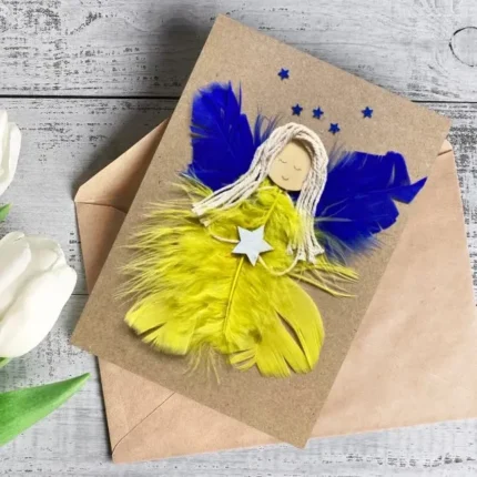 Handmade Birthday Card for Girlfriend - Best Girlfriend Card made of yellow and blue feathers, with one big and five small stars above.