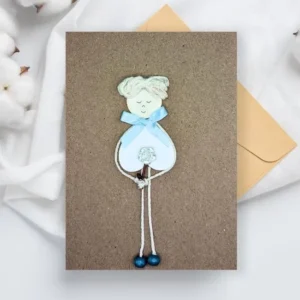 Handmade Christening Card for Girls - Unique & Personalised card made of wood, coffee beans and white cotton string.