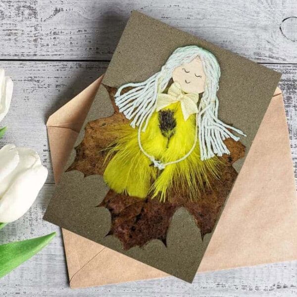 Handmade Feathered Card for Her - Celebrating Life's Fresh Starts Handmade Feathered Card for Her mad of big dry leaf and yellow bright feathers.