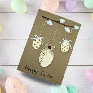 Handmade Happy Easter Card with Cute Eggs Decoration Handmade Happy Easter Card with Cute Three Colourful Eggs Decoration made of wood.