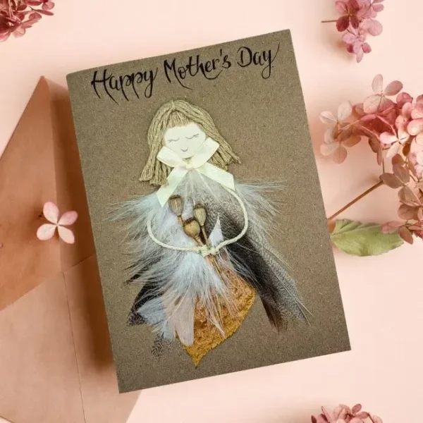 Handmade Mother's Day Card - Great Card for Mum made of colourful feathers and wood on brown paper.