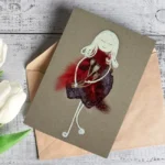 Handmade Personalised Autumn Leaf Card for Her featuring a girl in a red dress adorned with feathers, designed for a personalized touch.