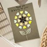 Handmade Teachers Day Card - Thank You Me Grow. Made of coffee beans and wood with handmade calligraphy.