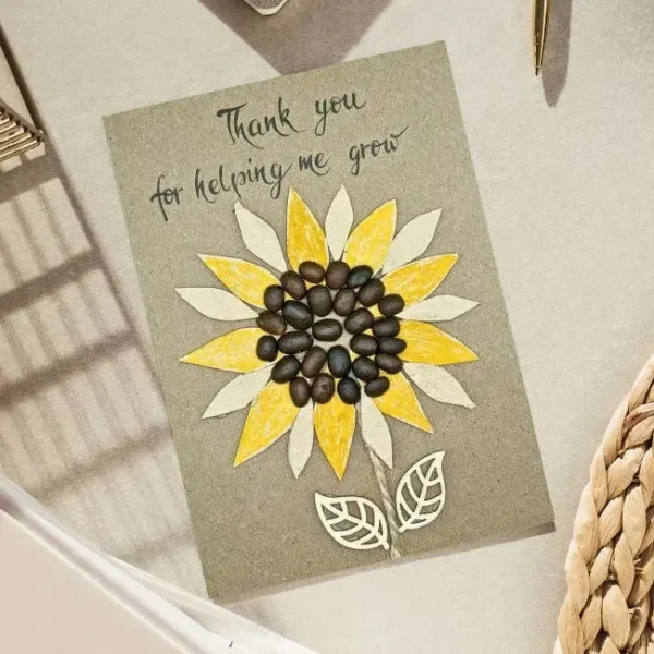 Handmade Thank You Card for Teacher's Day. Beautiful flower card made of coffee beans.