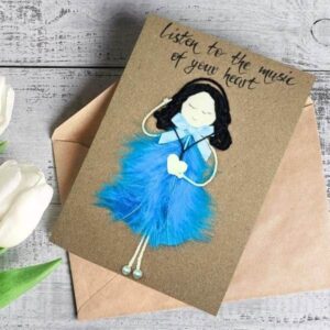 Handmade and Unique Greeting Card for Her made of blue feathers on brown paper.