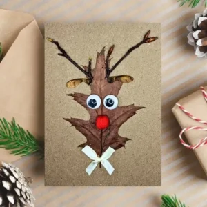 Hilarious Reindeer Christmas Card - Homemade Xmas Wishes Hilarious Reindeer Christmas Card - handmade from leaves and a wooden stick, with a red nose reindeer design.
