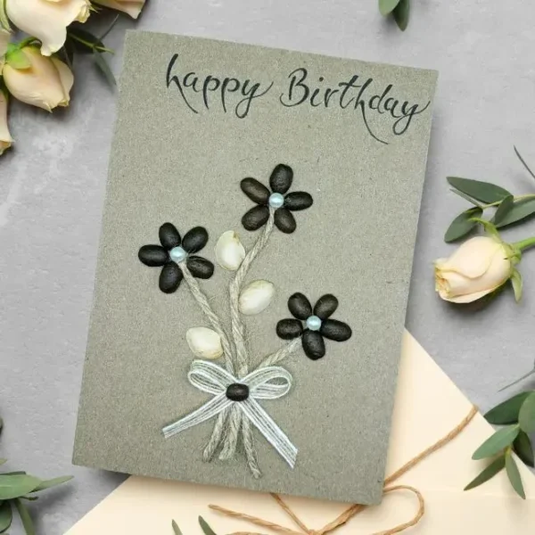 Luxury Personalised and Unique Birthday Card for Her with Flowers Luxury Personalised and Unique Birthday Card for Her with Flowers made of coffee beans, pistachio shells and cotton string on brown eco-friendly paper.