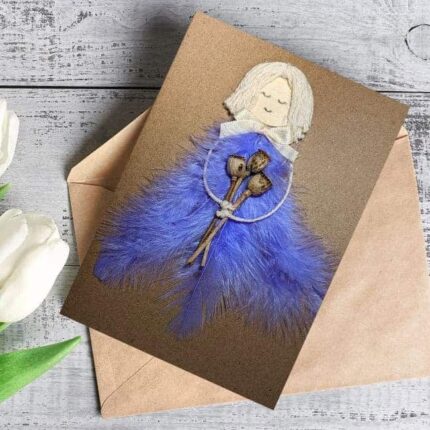Perfect Handmade Greeting Card for Mother or Sister made of vibrant blue feathers on brown paper.