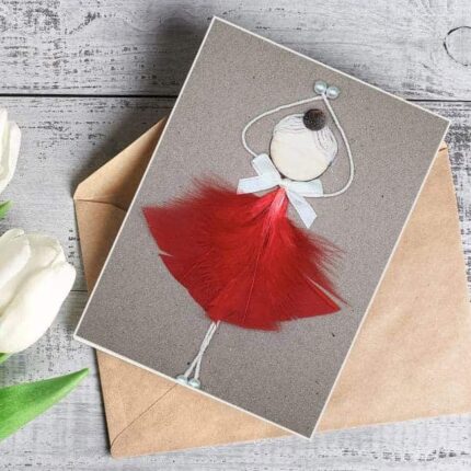 Personalised handmade greeting card for her - made of red feathers greeting card any occasion. Made in UK.