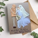 Handmade personalised anniversary card for husband and wife made of cork and feathers.