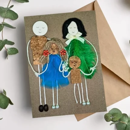 Handmade Personalised Anniversary Card for Whole Family made of cork, green and blue feathers in the UK.