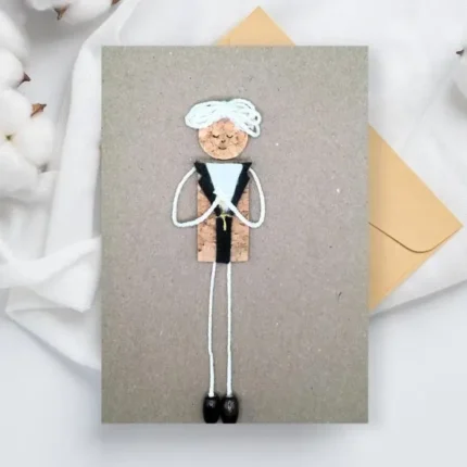 Personalised Handmade First Holy Communion Card for Boys made of cork and coffee beans.]