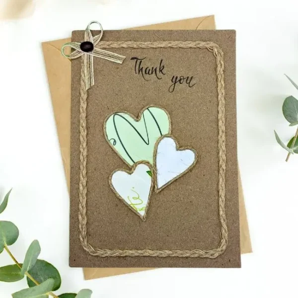 Personalised Handmade Thank You Card with three hearts made of paper and cotton bow with coffee bean.