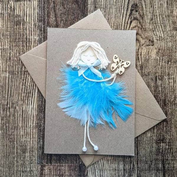 Handmade Personalised Soul Sister Birthday Card. Bestie Birthday Card made of blue feathers and butterfly on brown paper image 3.
