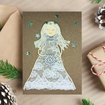 Handmade Christmas card for your lovely wife with yarn, white angel, stars and snowflake.