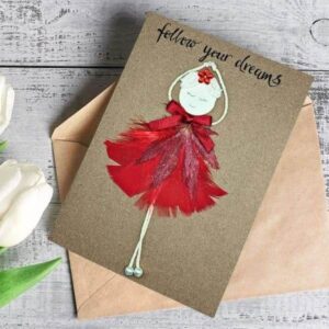 Beautiful Stunning Handmade Card for Her decorated with bright red feathers and a dry leaf.