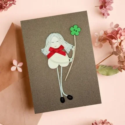 Sweet and Funny Handmade Card for Your Mother made of wood and coffee beans. Girl with flower.