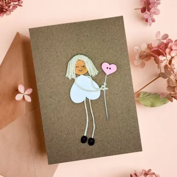 Sweet and Funny Handmade Card for Your Mother made of wood and coffee beans. Girl with heart.