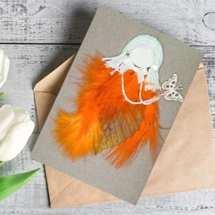 Unique Beautiful Handmade Greeting Card Design for Her with white butterfly and orange feathers.