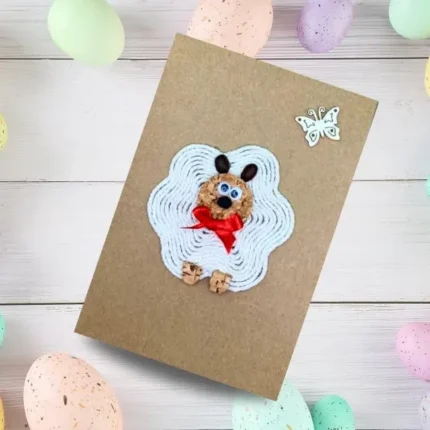 Cute Handmade Easter card idea with lamb and butterfly made of cork and cotton string.
