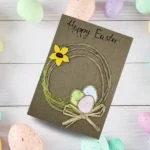 Unique handmade personalised easter card with a vibrant pastel-painted wooden eggs adorned with intricate floral designs.