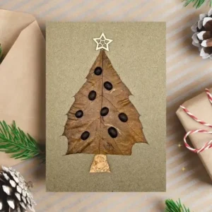 Unique Leafy Christmas Tree Handmade Card for Seasonal Greetings Leafy Christmas Tree Handmade Card Made of leaf and coffee beans in the UK.
