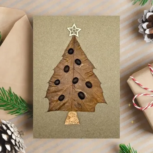Leafy Christmas Tree Handmade Card Made of leaf and coffee beans in the UK.