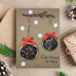 Unusual Christmas Handmade Card with Dried Orange Slices Hanging from Branch.