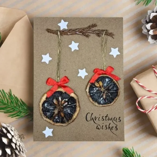 Unusual Christmas Handmade Card with Dried Orange Slices Hanging from Branch.