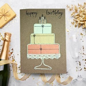 This handmade birthday card category image showcases a three-tier cake illustration adorned with candles.
